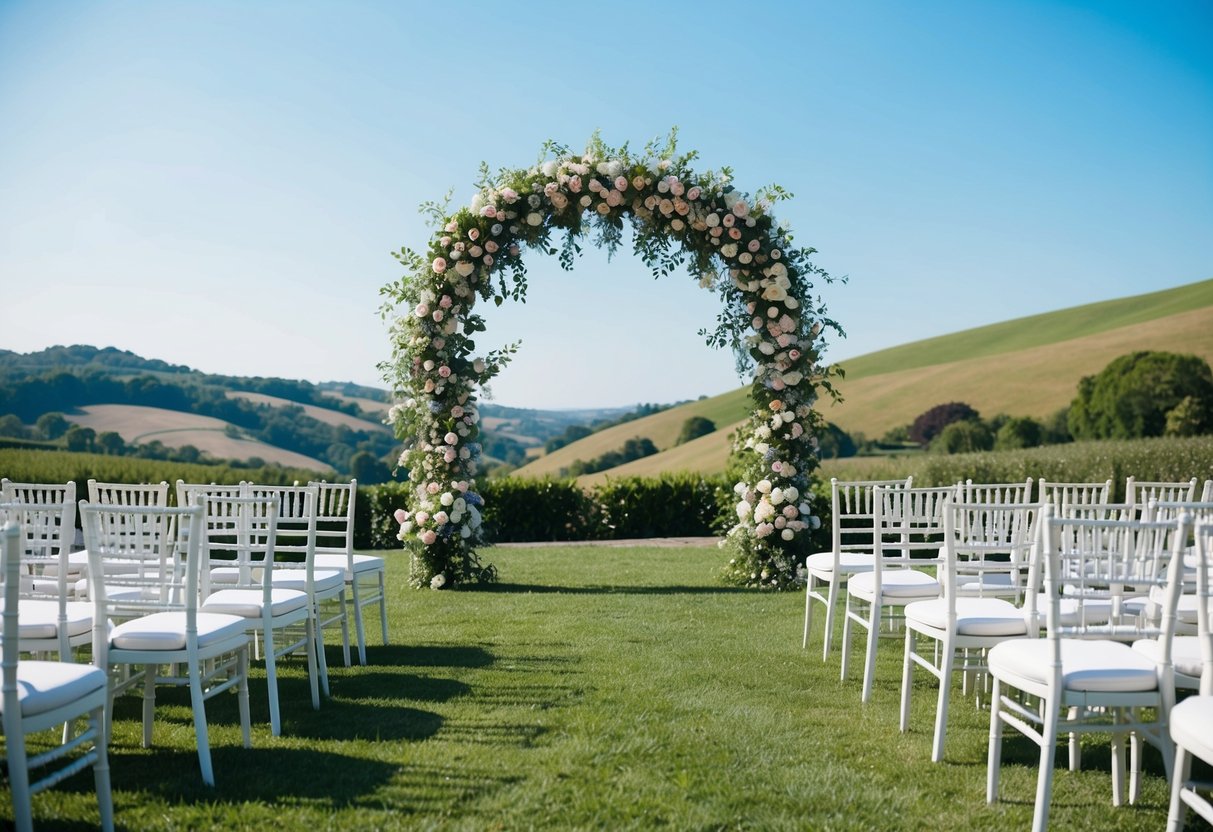 A serene outdoor wedding ceremony with a floral arch, rows of chairs, and a picturesque backdrop of rolling hills and a clear blue sky