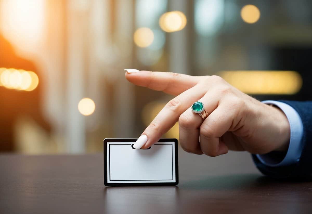 A ringed finger pointing to an empty space before a name tag