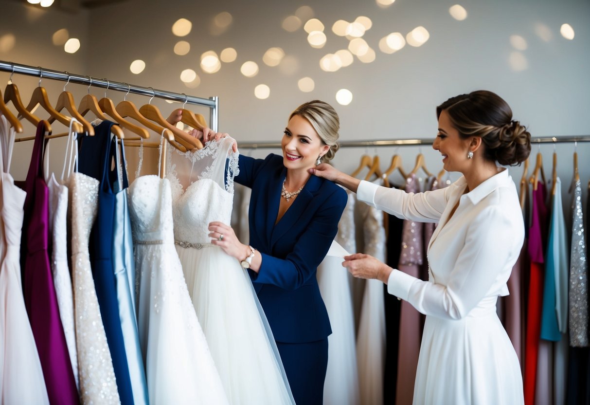 A bridal consultant arranging a selection of dresses on a rack, with various styles and fabrics to choose from