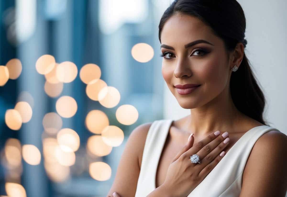 A woman wearing a wedding ring, standing with confidence
