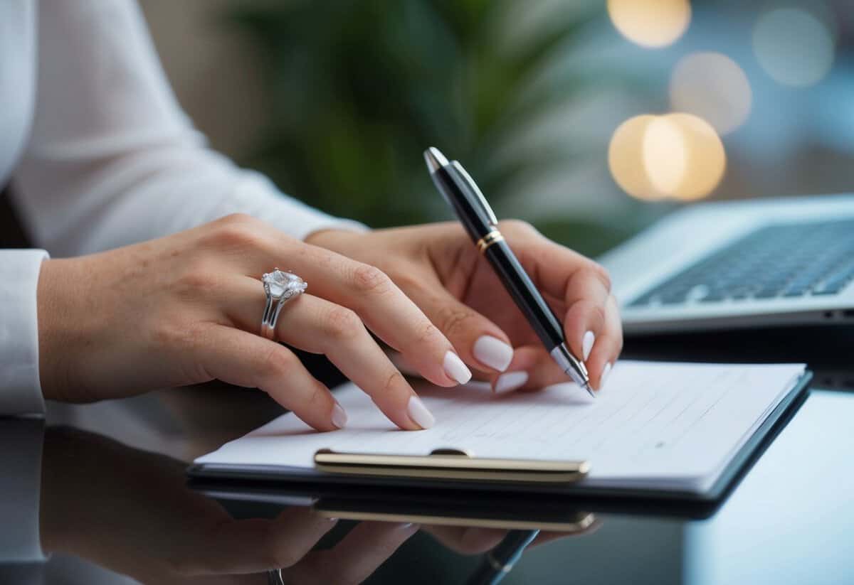 A woman's hand wearing a wedding ring reaching for a pen on a desk