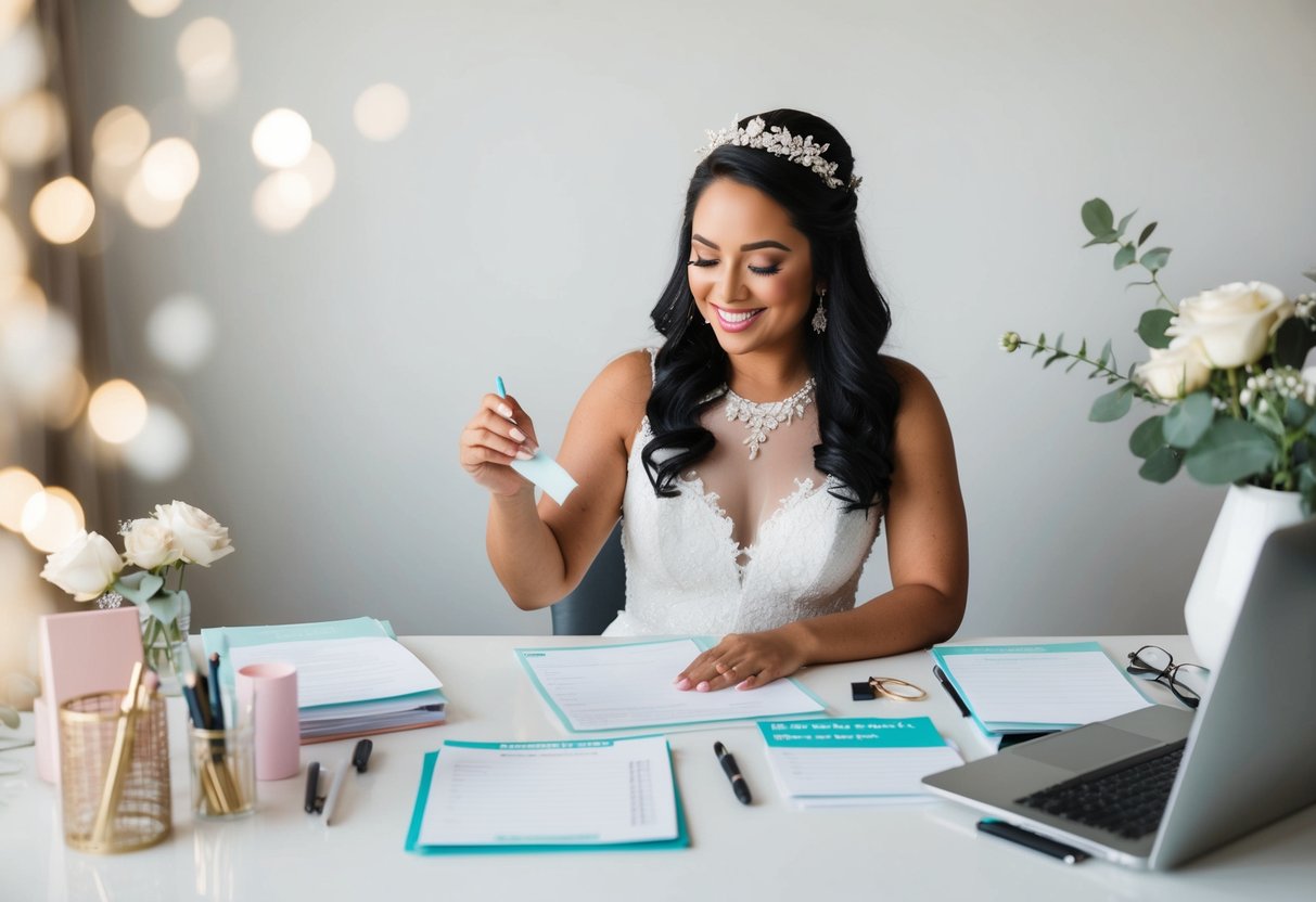 A bride-to-be sitting at a desk surrounded by wedding planning materials, checking off items on a to-do list