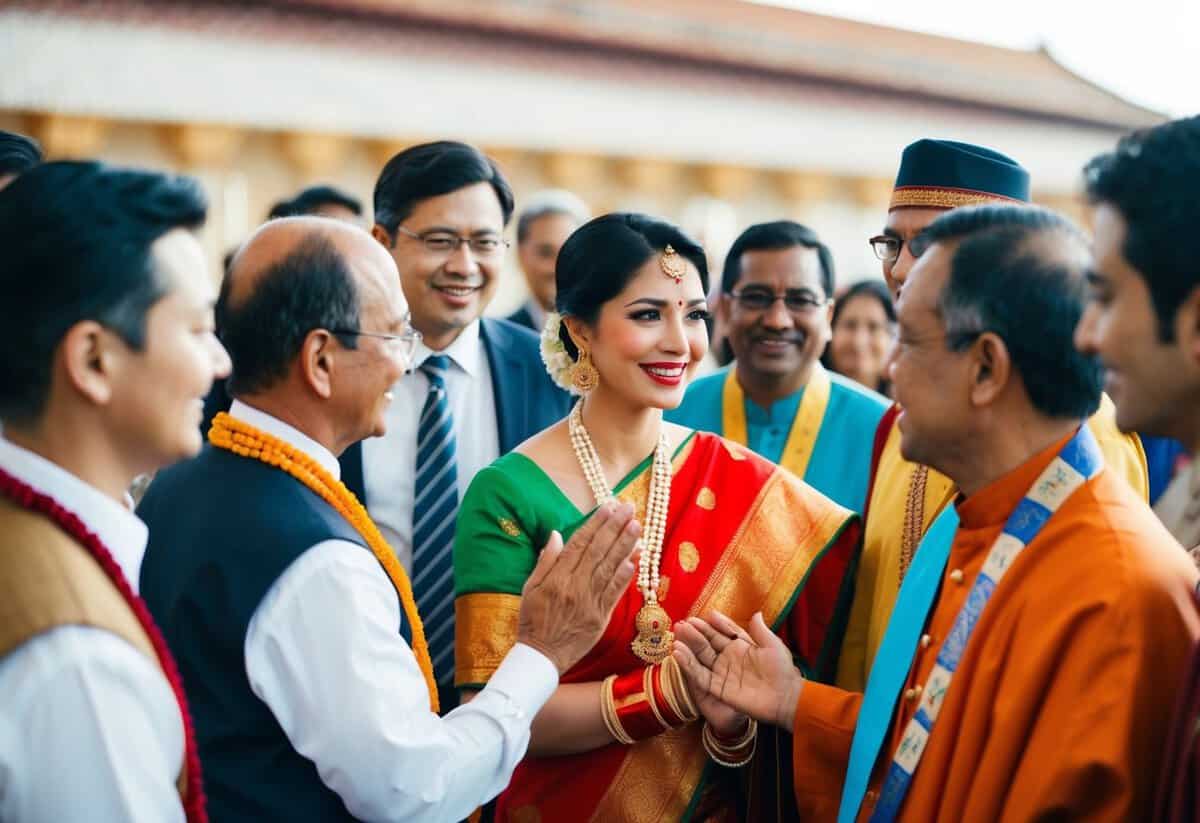 A woman in traditional attire being greeted with different titles by people from diverse cultural backgrounds