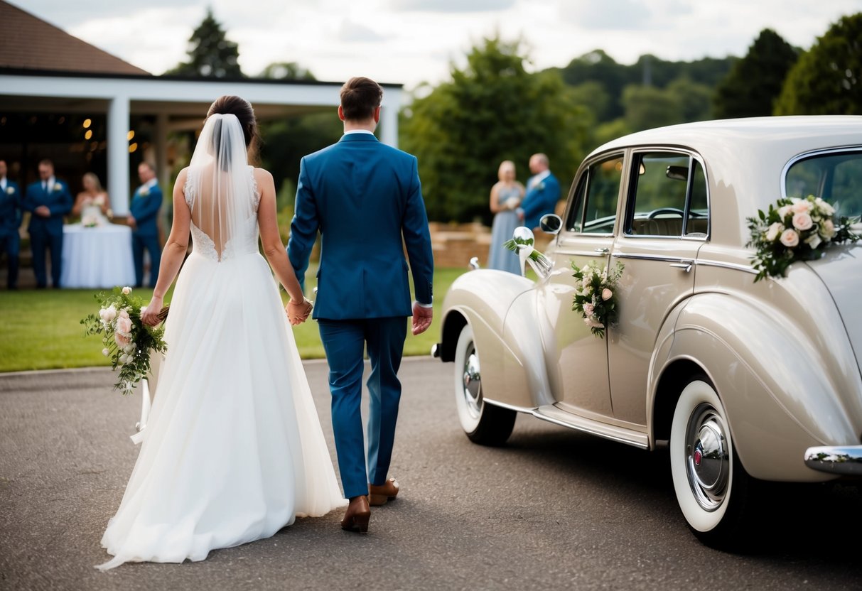 The bride and groom walk hand in hand towards a vintage car parked outside the reception venue. The car is decorated with ribbons and flowers, ready to whisk them away to their honeymoon destination