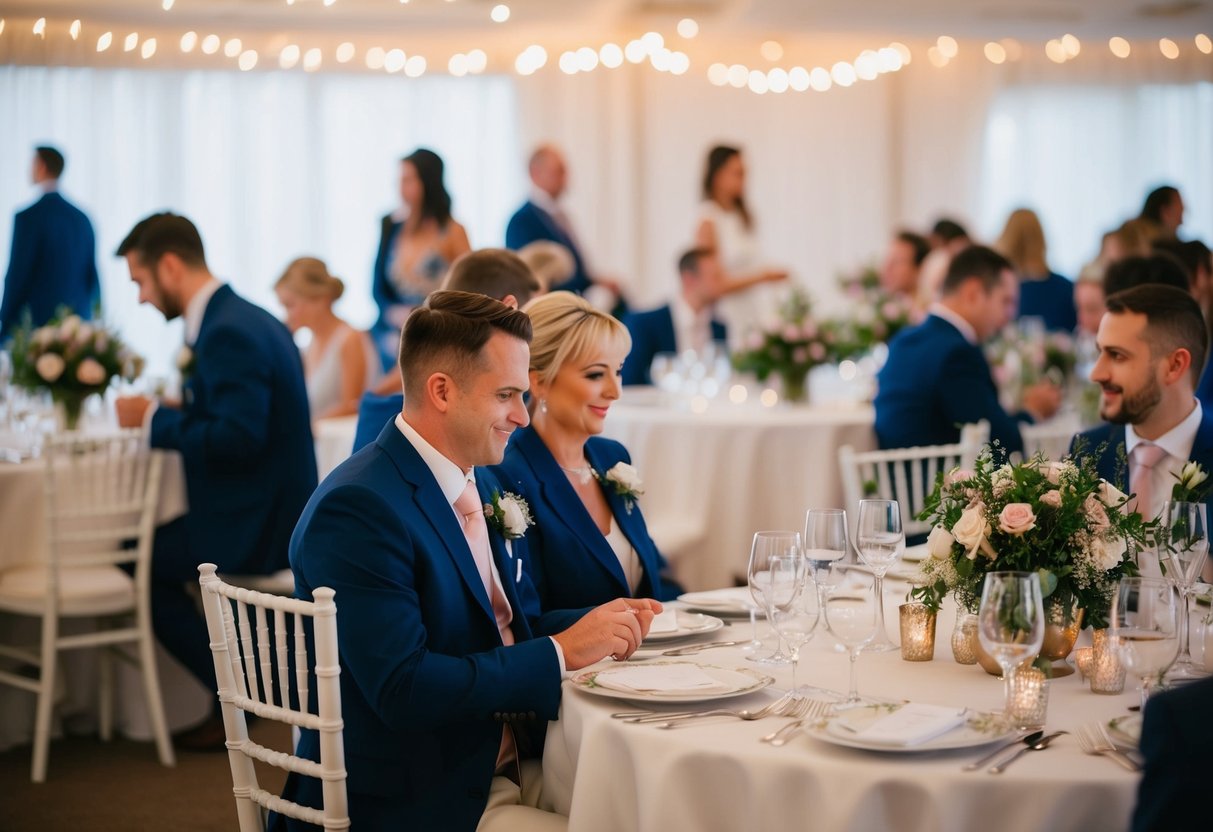 The scene of a bustling wedding eve, with flowers being arranged, tables being set, and a sense of anticipation in the air