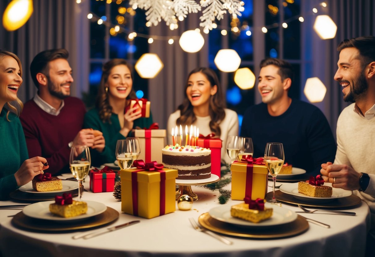 A festive scene with decorations, gifts, and a cake. Tables set for a celebratory meal, with smiling faces and laughter filling the air