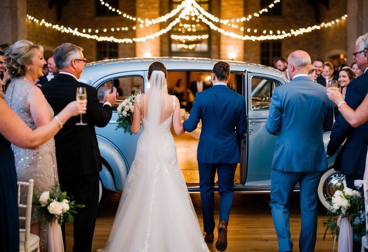 The bride and groom exit the reception hall, surrounded by twinkling lights and cheerful guests, heading towards a vintage car waiting to whisk them away to their honeymoon destination