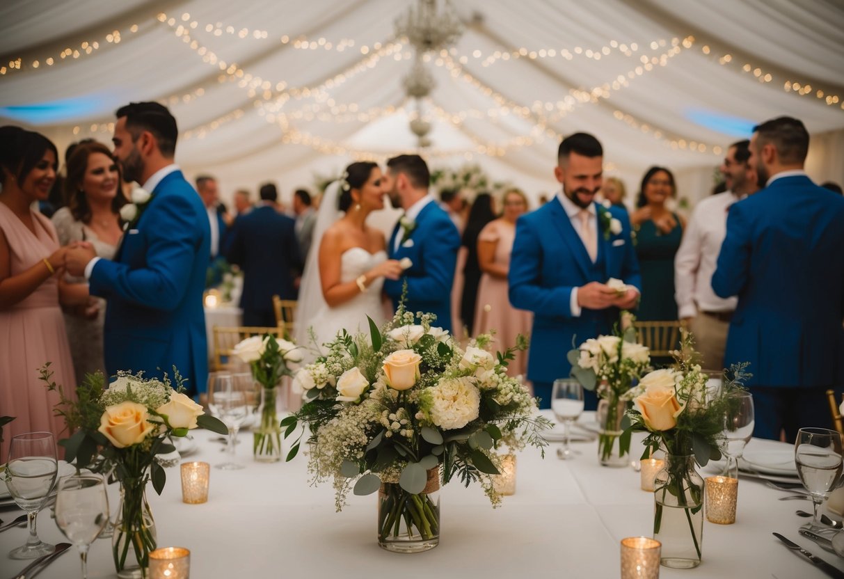 The bustling atmosphere of a wedding eve, with last-minute preparations, decorations, and anticipation in the air