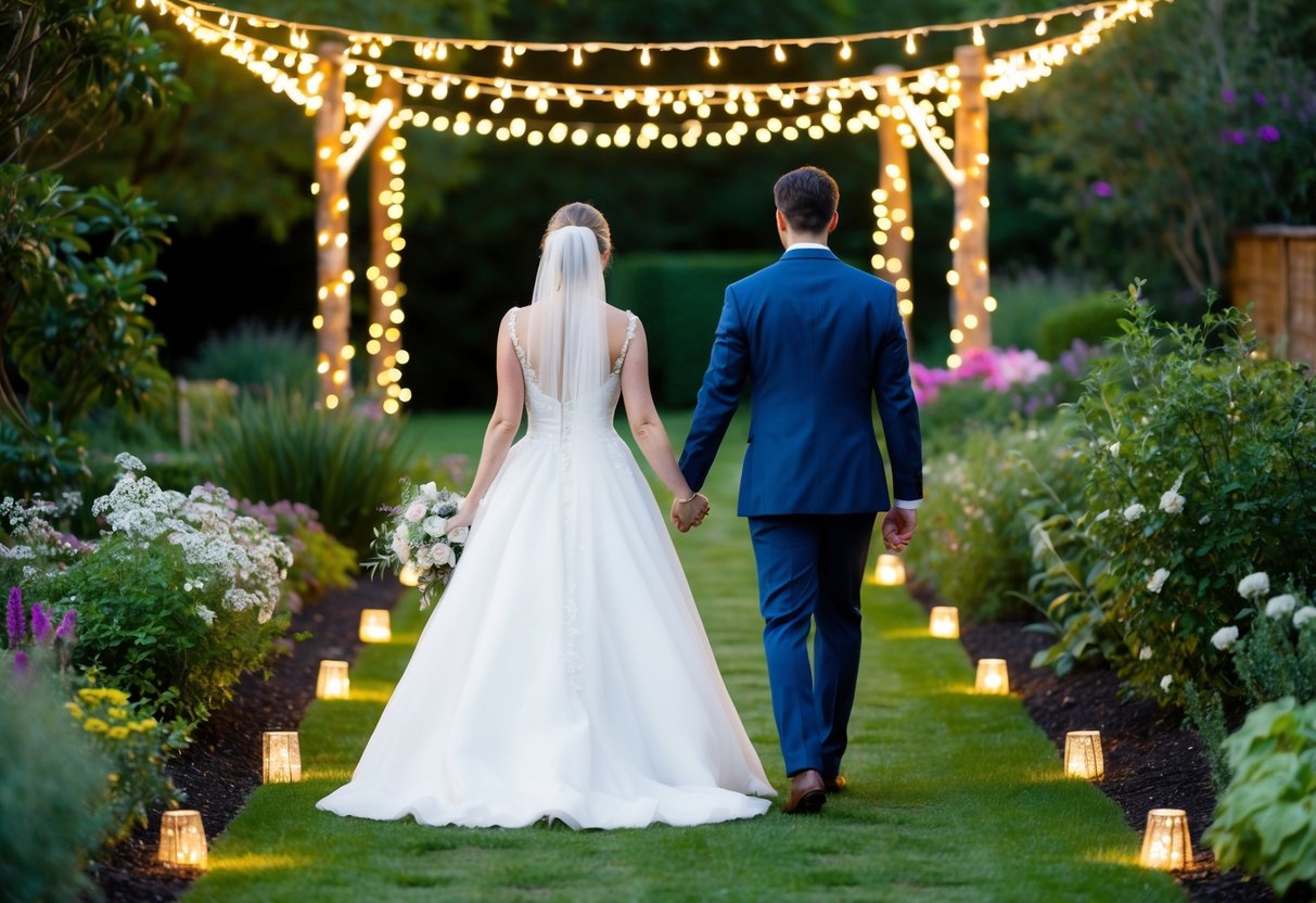 The bride and groom walk hand in hand through a garden path illuminated by twinkling fairy lights, surrounded by blooming flowers and lush greenery