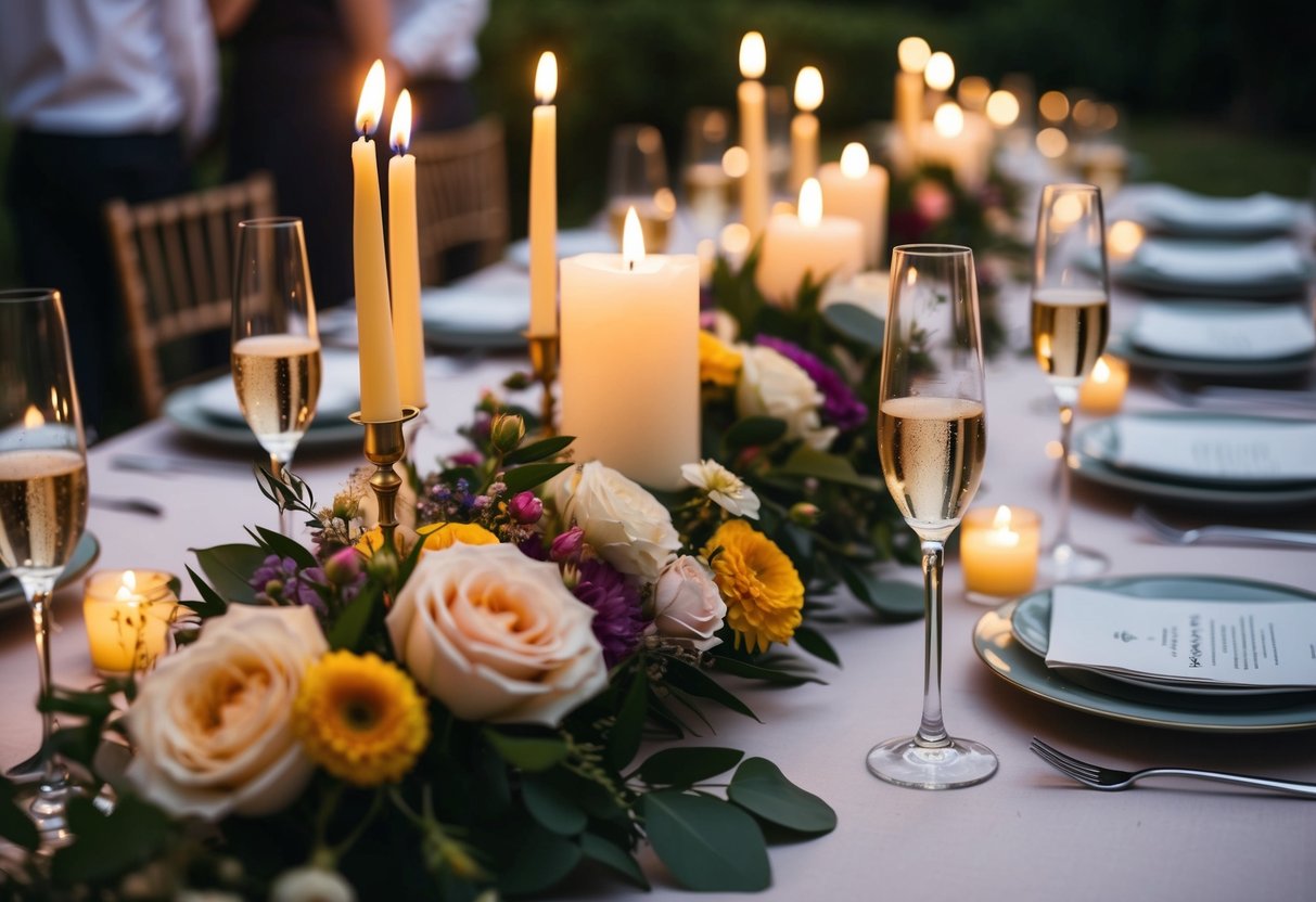 A candlelit dinner table adorned with flowers and champagne glasses, set for a romantic evening before the wedding