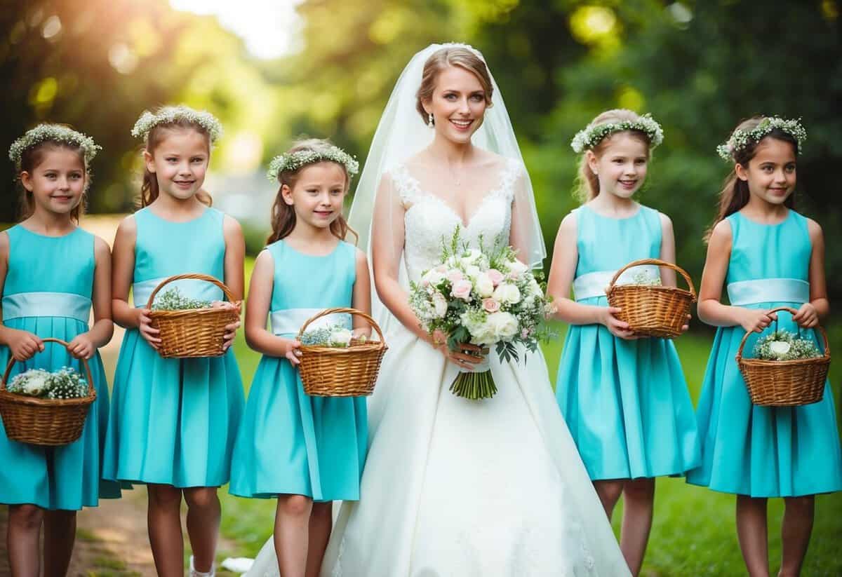 A bride surrounded by a group of flower girls, each holding a basket of flowers
