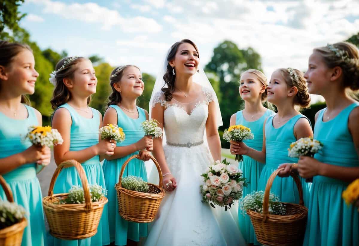 A bride surrounded by a group of young girls holding baskets of flowers, looking up at her with excitement and anticipation