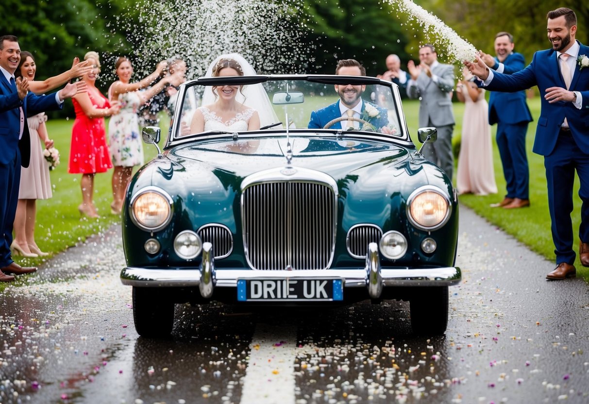 The bride and groom drive off in a vintage convertible, passing under a shower of rice and flower petals, as guests wave them off with smiles and cheers