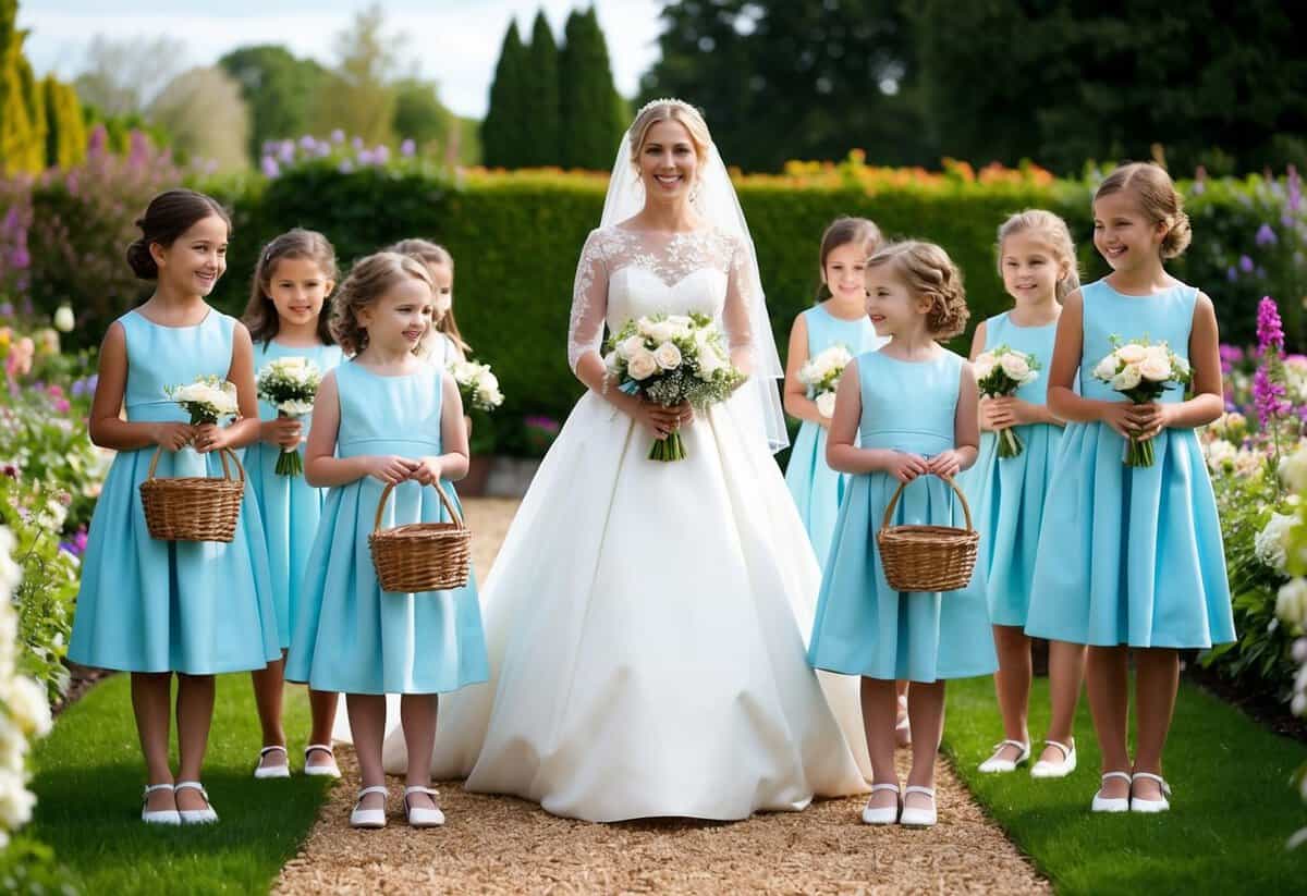 A bride stands surrounded by a group of flower girls, each holding a basket of flowers, surrounded by a garden of blooming flowers
