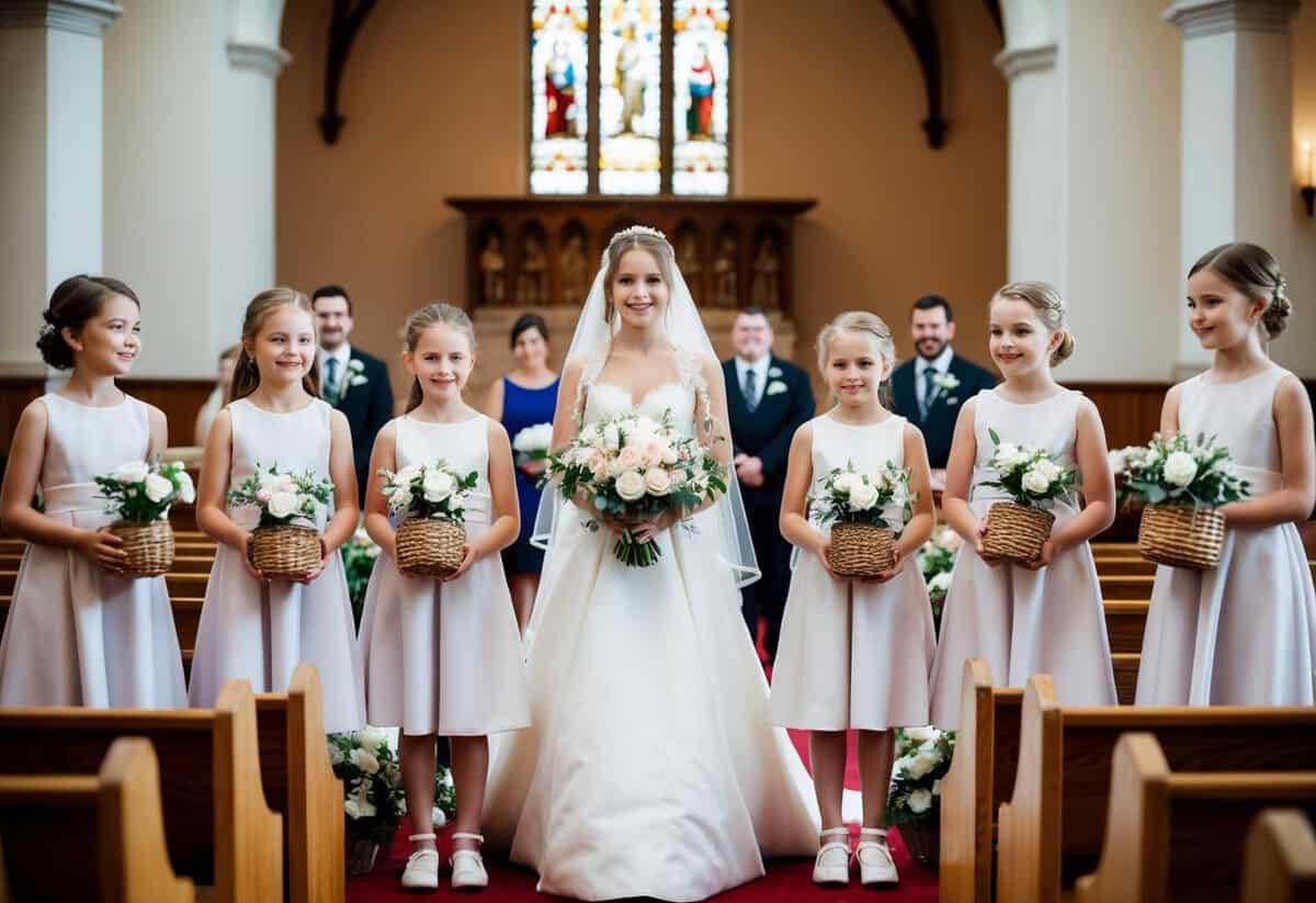 A bride stands at the altar, surrounded by a group of young girls in matching dresses, each holding a basket of flowers