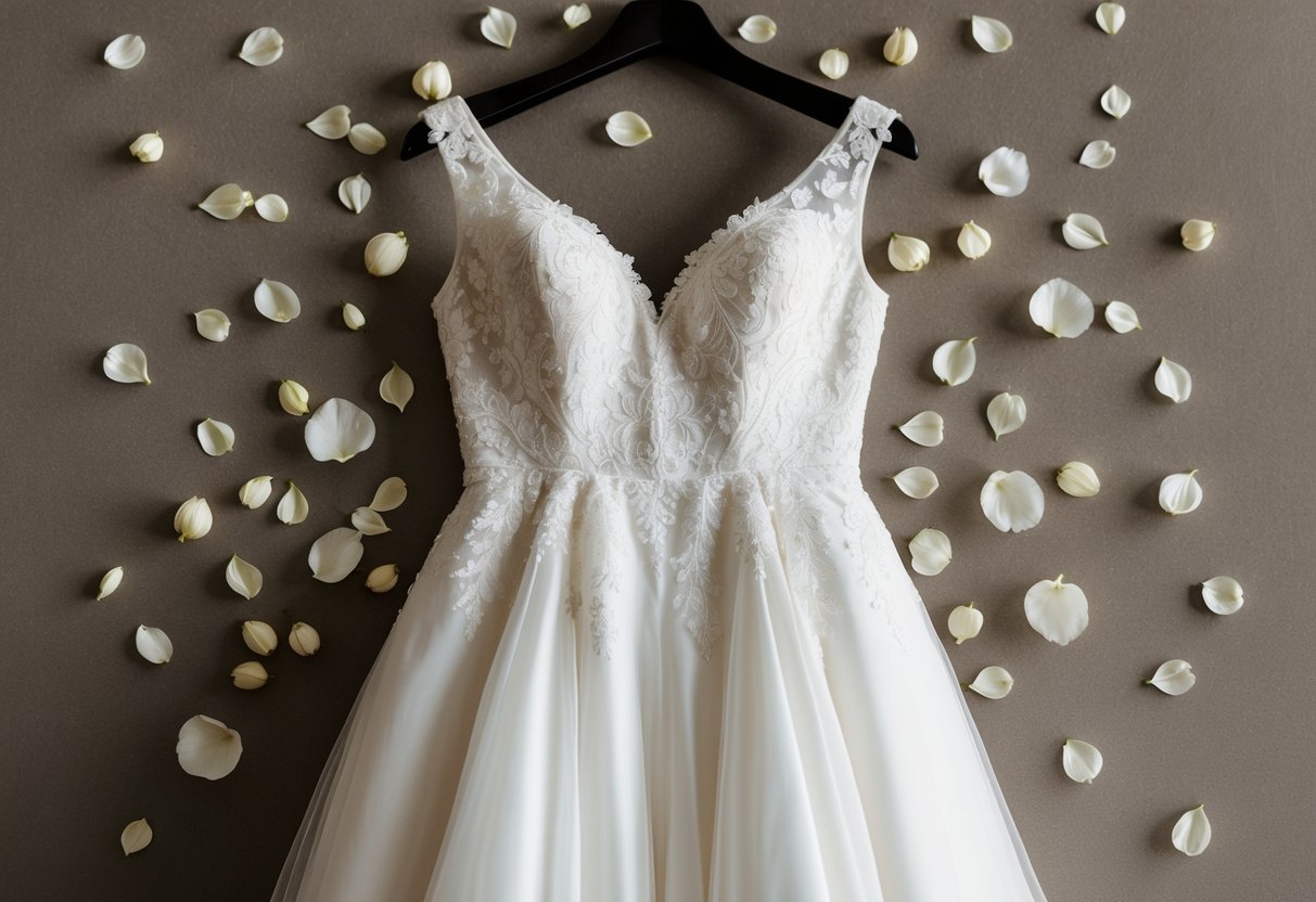 A wedding dress hanging on a hanger, surrounded by scattered flower petals