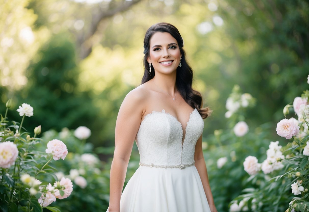 A bride standing in a soft, natural light, surrounded by blooming flowers and lush greenery. She is smiling and radiating confidence and happiness