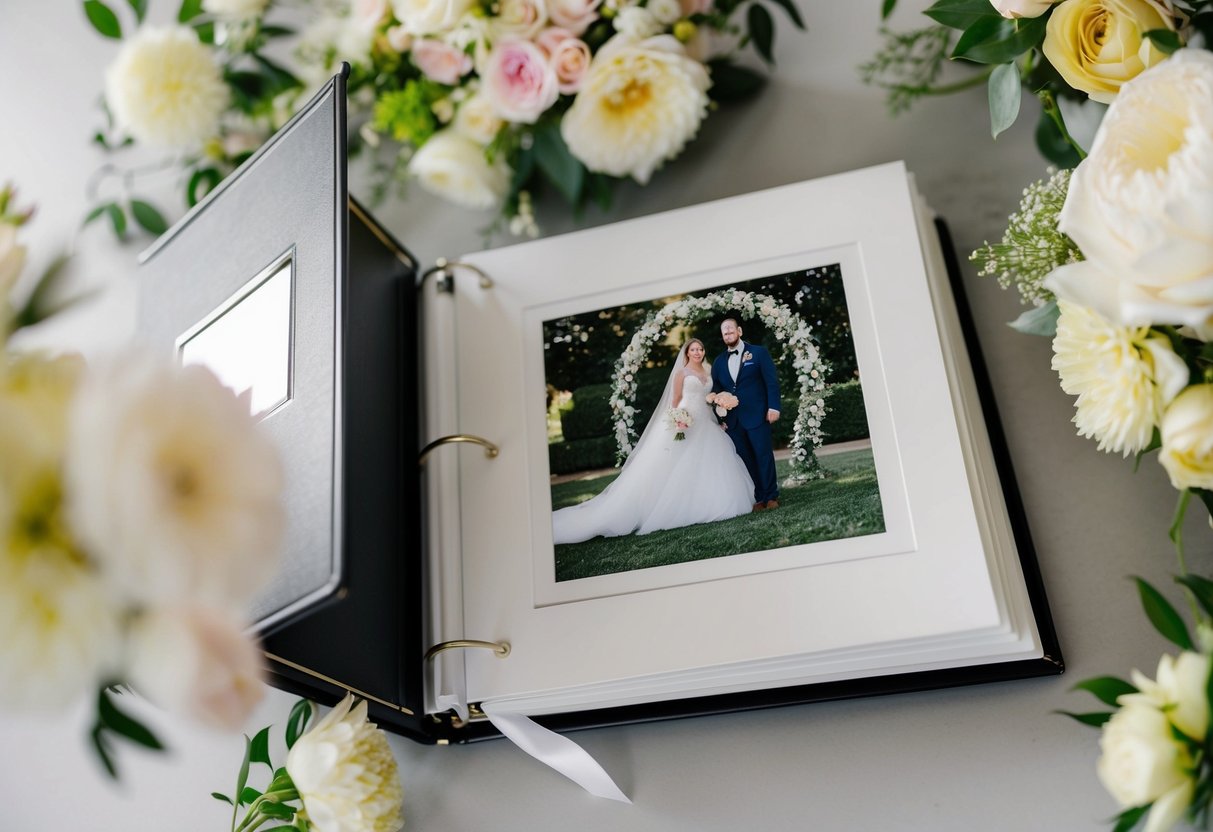 A wedding photo album with a prominent picture of the bride, surrounded by elegant decorations and flowers