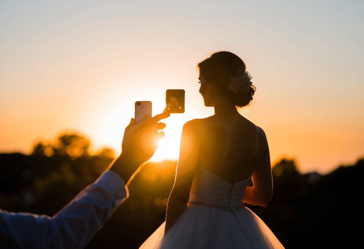 A bride's silhouette stands in front of a glowing sunset, while a hand reaches out to take a photo