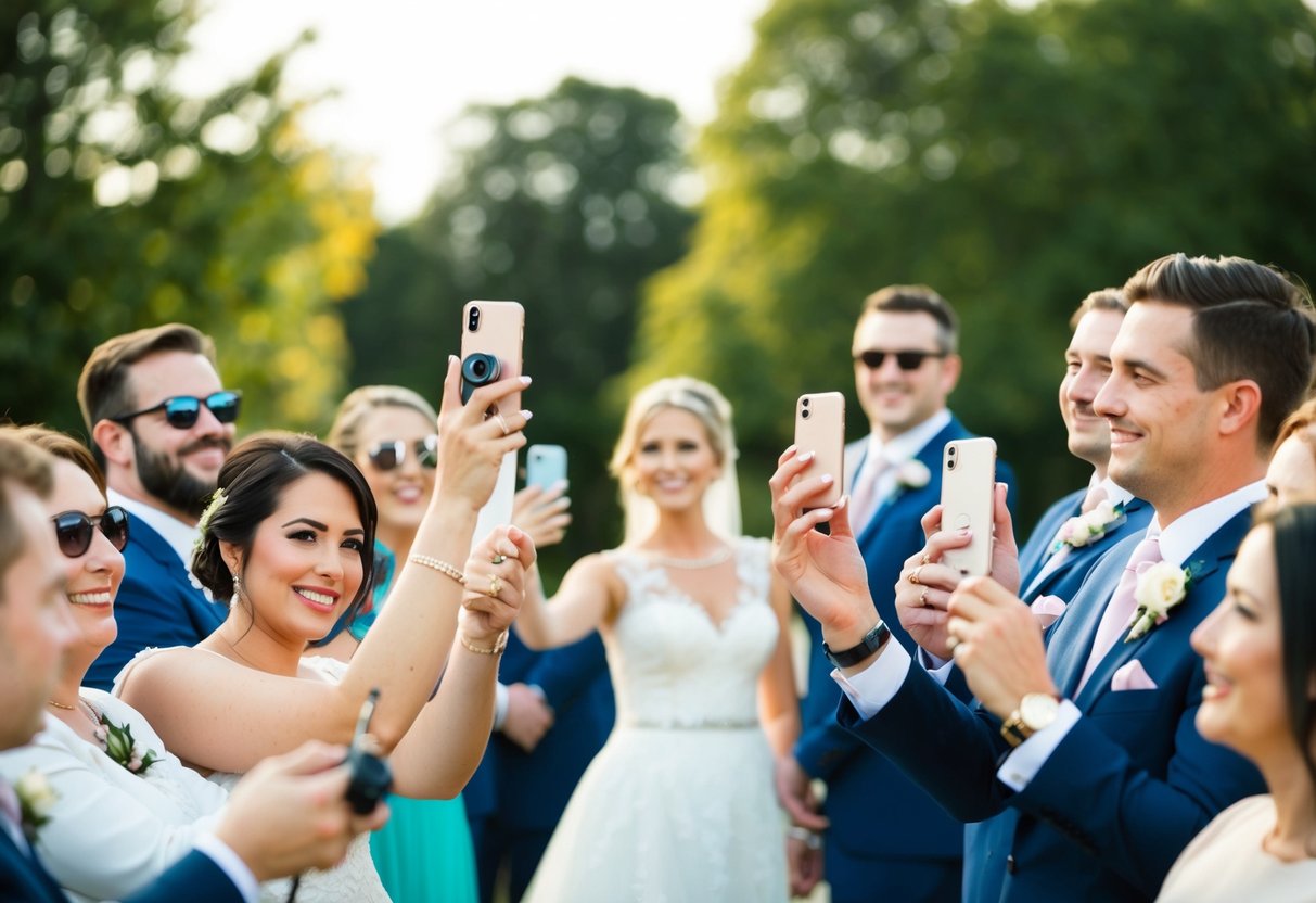 A group of guests at a wedding, holding up their phones to take pictures, while the bride and groom stand in the background