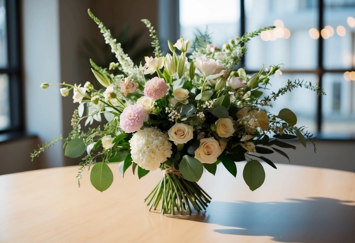A bouquet of flowers sits on a table, with delicate blooms and greenery arranged in an elegant display