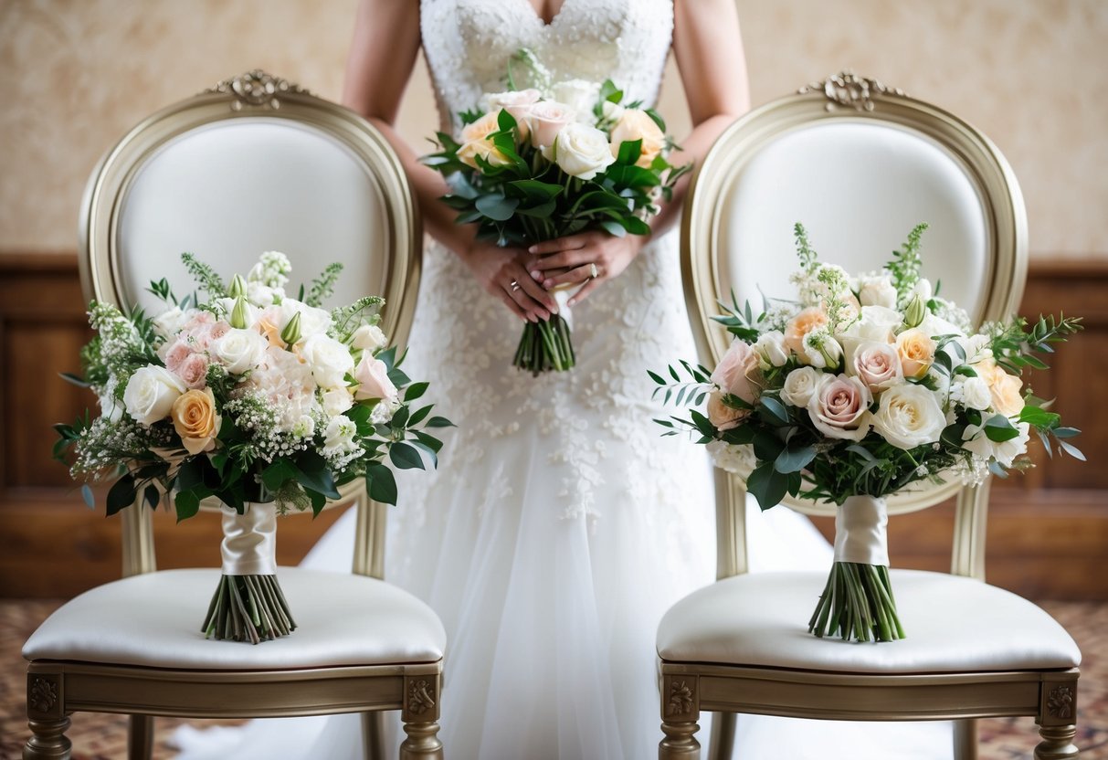 A wedding scene with two bouquets of flowers, one for the mother of the bride and one for the mother of the groom, placed on elegant chairs