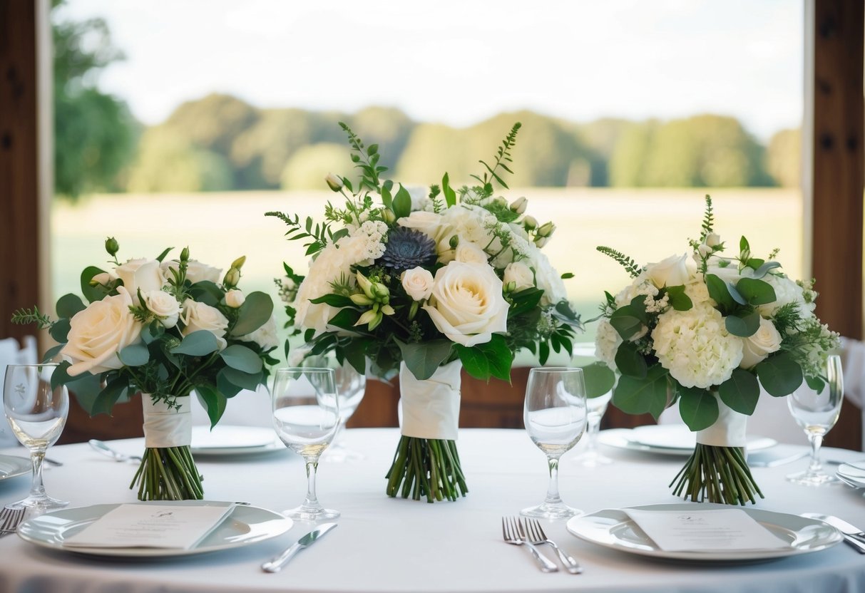 A table set with two elegant bouquets, one for the mother of the bride and one for the mother of the groom