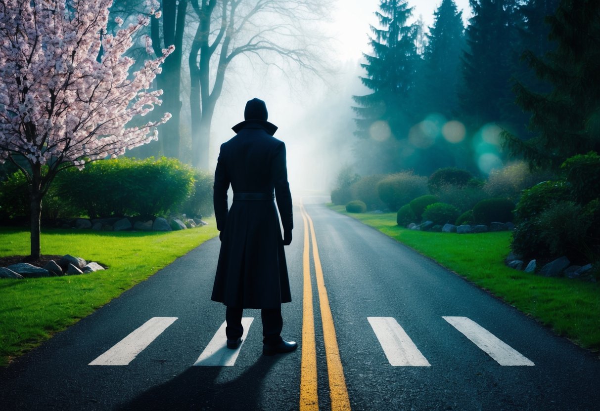 A shadowed figure stands at a crossroads, one path leading to a bright, blossoming garden and the other to a dark, misty forest