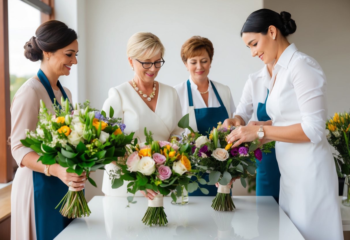 A florist arranging bouquets in various colors and styles for mothers of the bride and groom