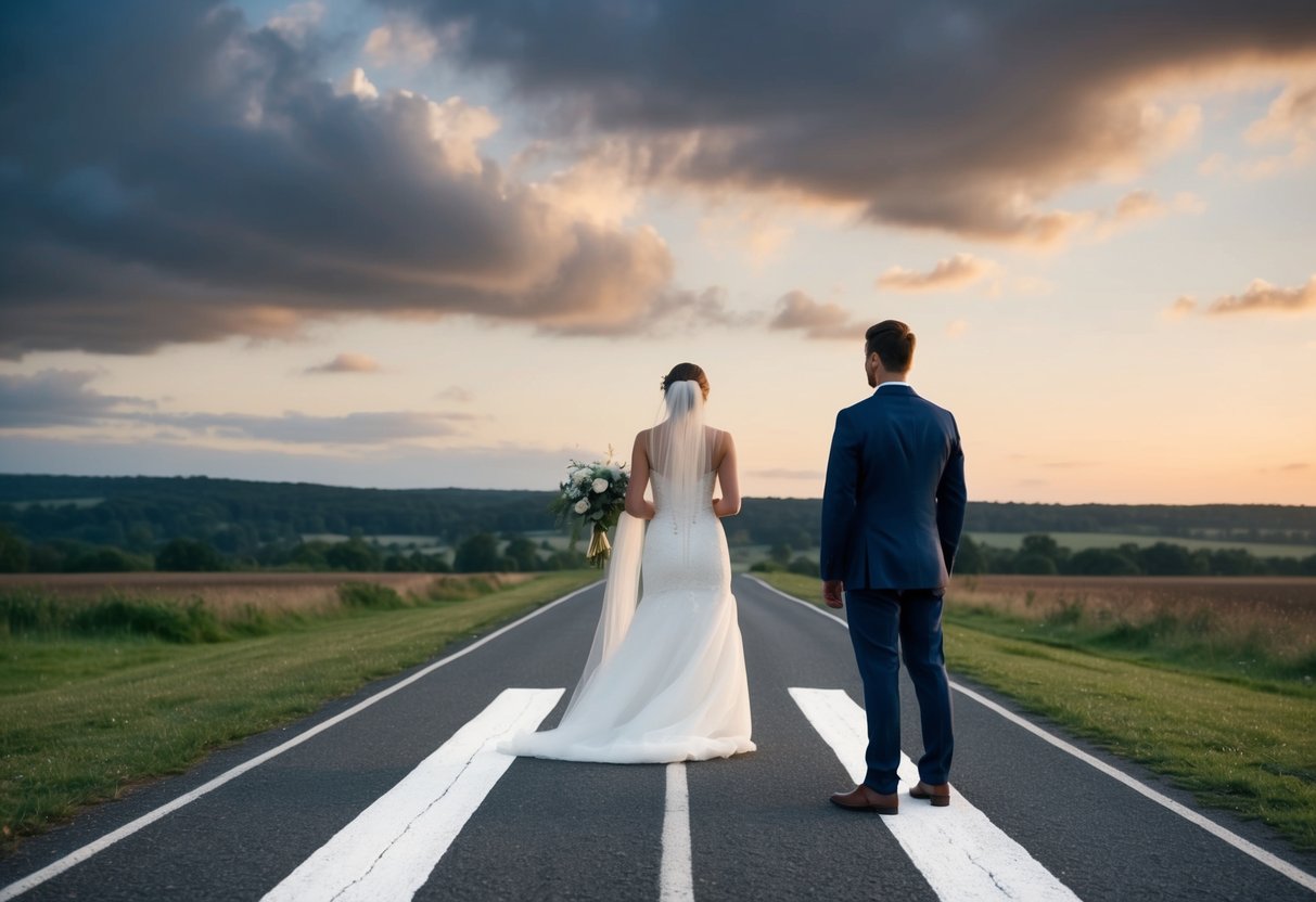 A person standing at a crossroads, with one path leading to a wedding altar and the other path leading to an uncertain future