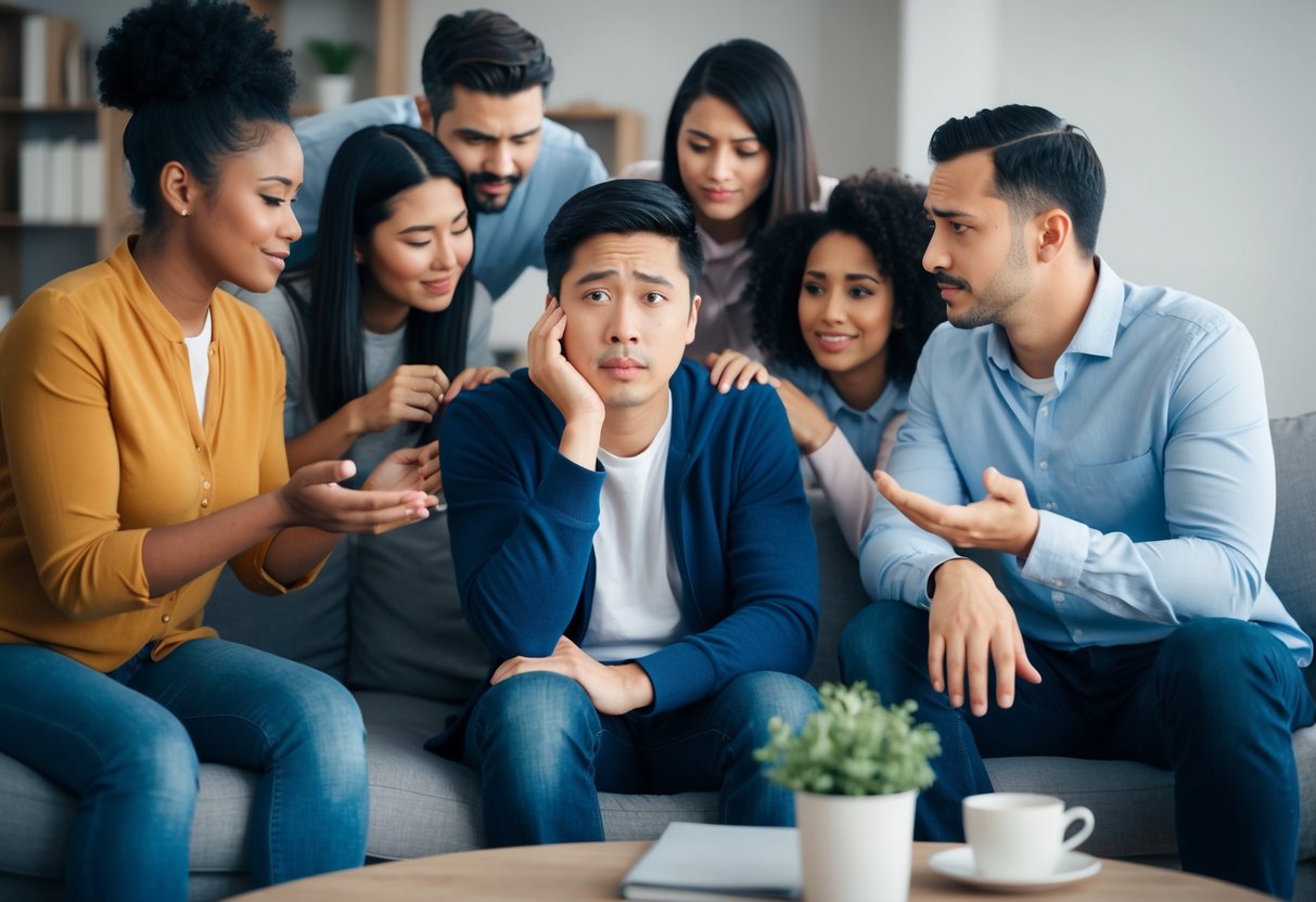 A person sitting on a couch with a worried expression, surrounded by supportive friends and family offering comfort and advice