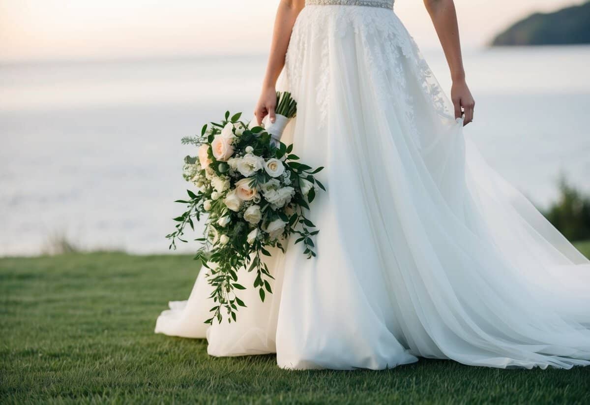 A flowing white wedding gown with delicate lace details, a sparkling tiara, and a cascading bouquet of fresh flowers