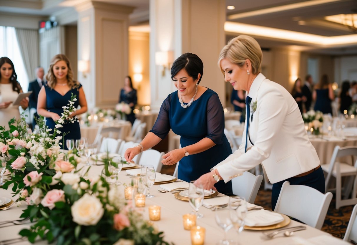 A wedding planner organizing seating arrangements and floral decorations for a reception