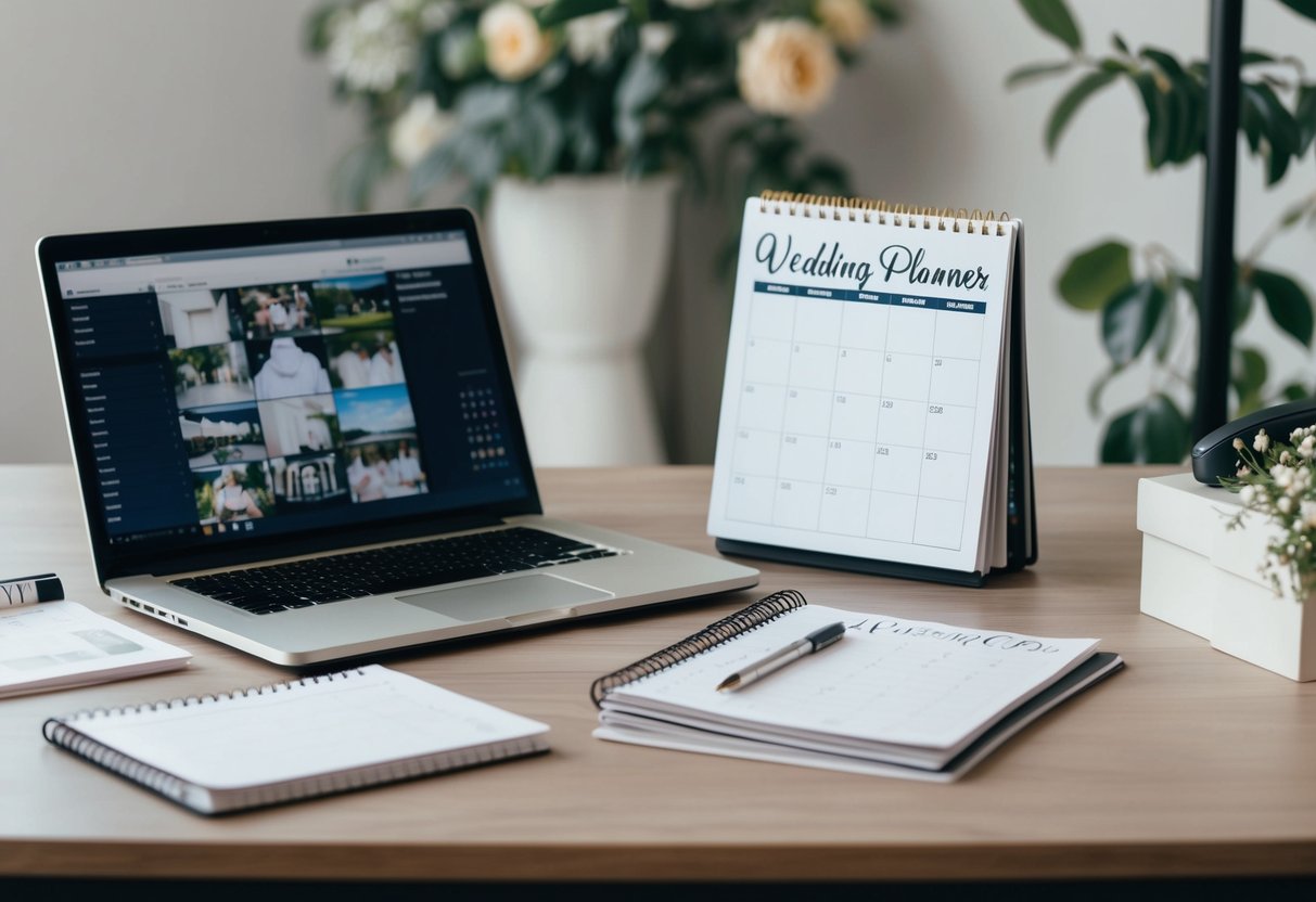 A wedding planner's desk with a laptop, calendar, and wedding magazines scattered around. A phone is ringing, and a notepad with a pen sits ready for notes