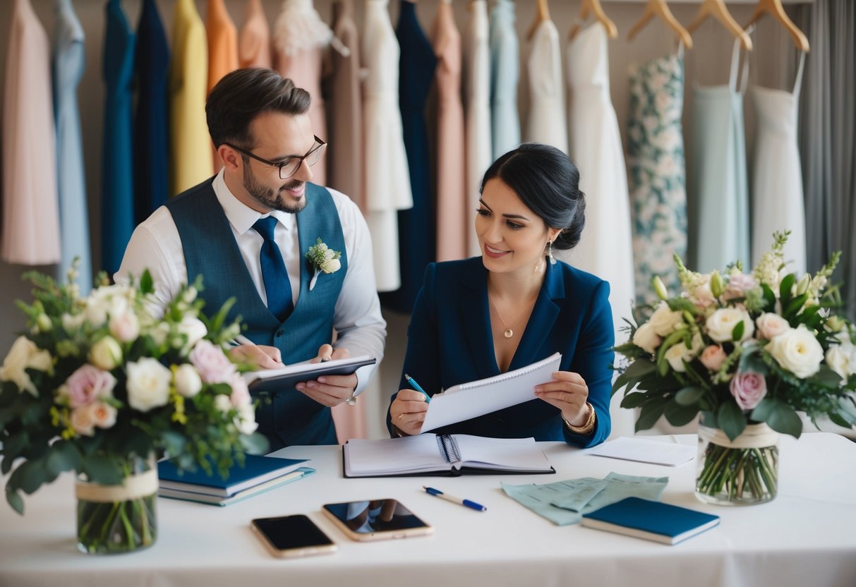 A wedding planner and a couple discussing details at a table with a notebook and pen, surrounded by floral arrangements and fabric swatches