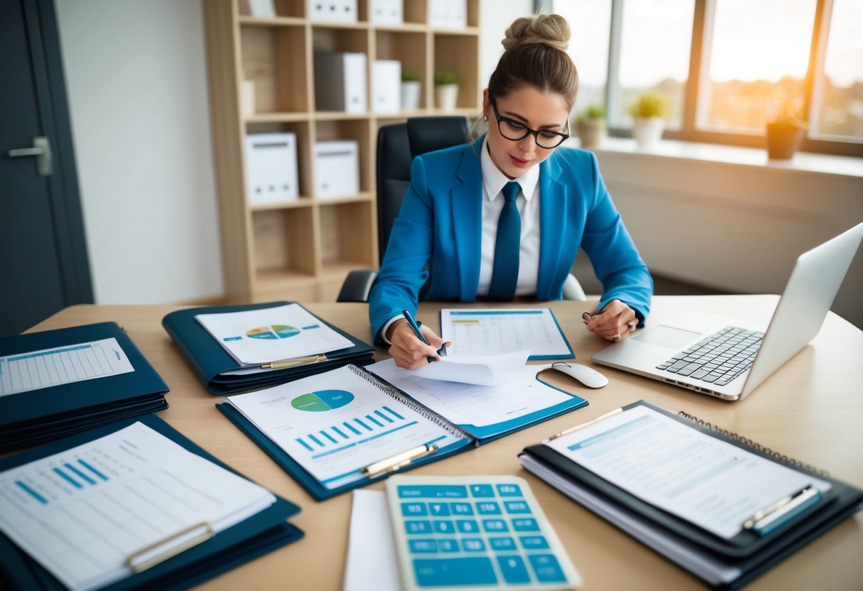A wedding planner sits at a desk surrounded by folders, a laptop, and a calendar. They are reviewing financial documents and making notes