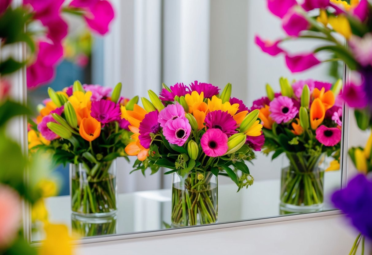 A vibrant bouquet of flowers arranged in front of a mirror, reflecting their colorful petals and delicate shapes