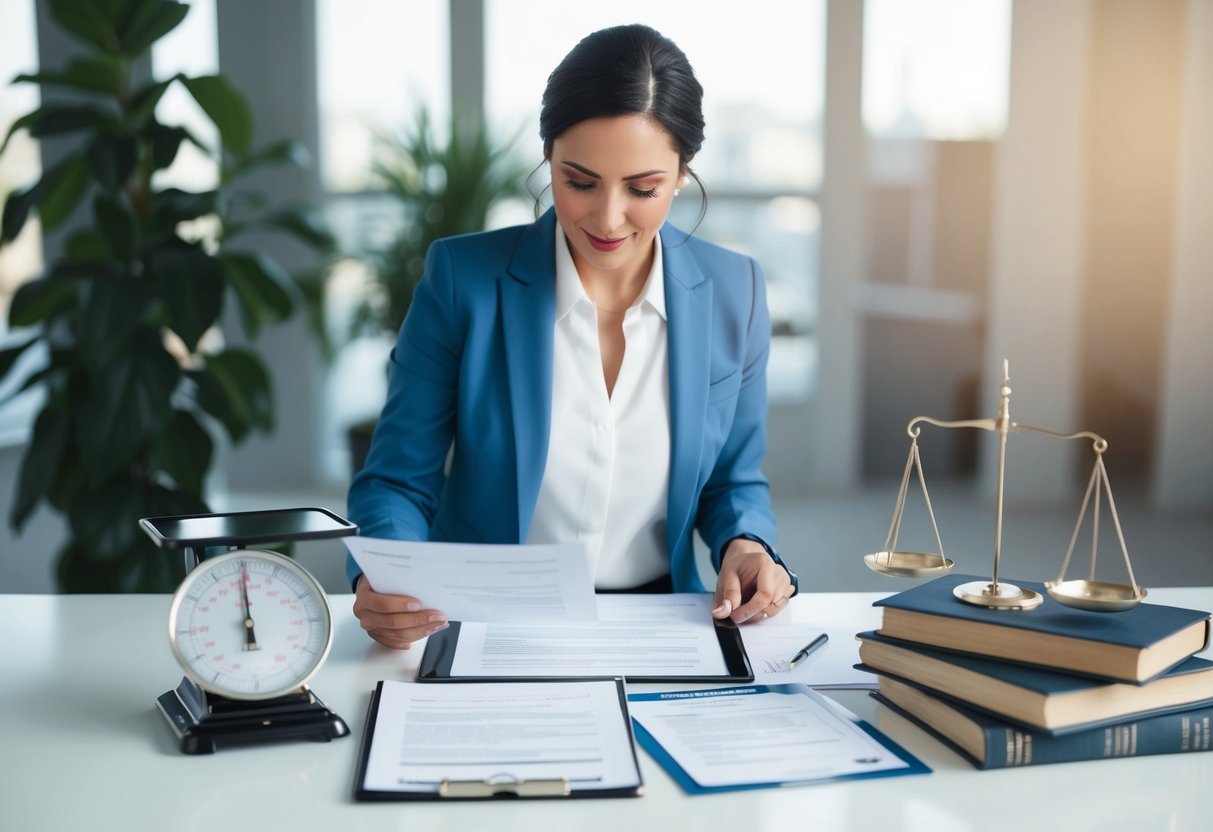 A wedding planner reviewing contracts and financial documents at a desk with a scale and legal books nearby
