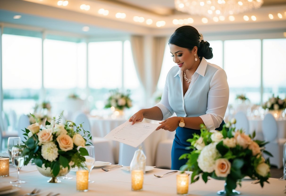 A wedding planner coordinating floral arrangements, seating charts, and catering services for a reception