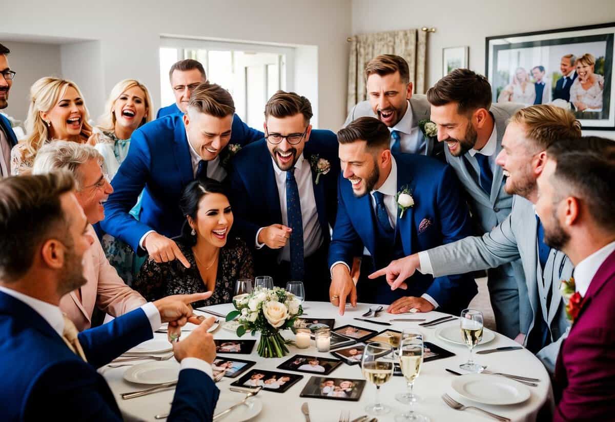 A group of guests gathered around a table, sharing stories and laughter while pointing to the bride and groom's childhood photos