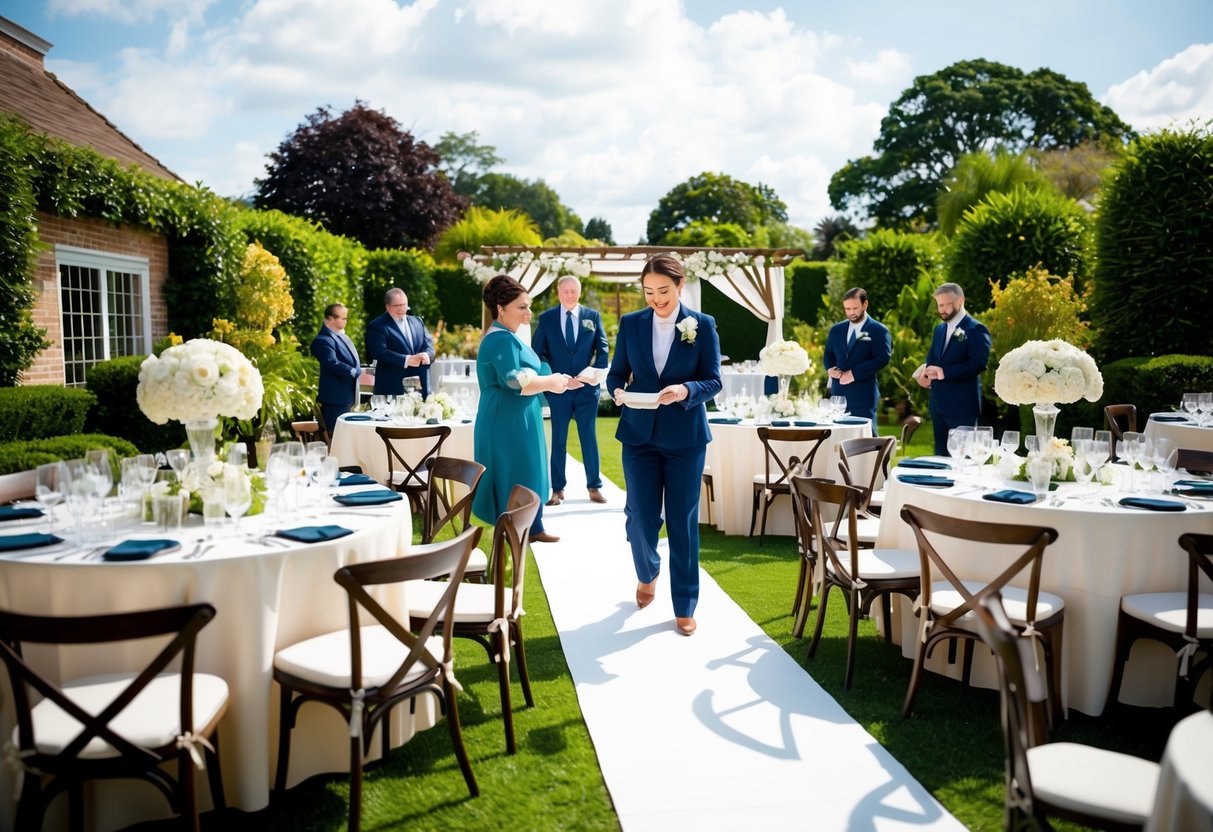 A wedding coordinator oversees the setup of tables, chairs, and decorations in a beautiful outdoor garden venue. They ensure everything is arranged perfectly for the upcoming ceremony