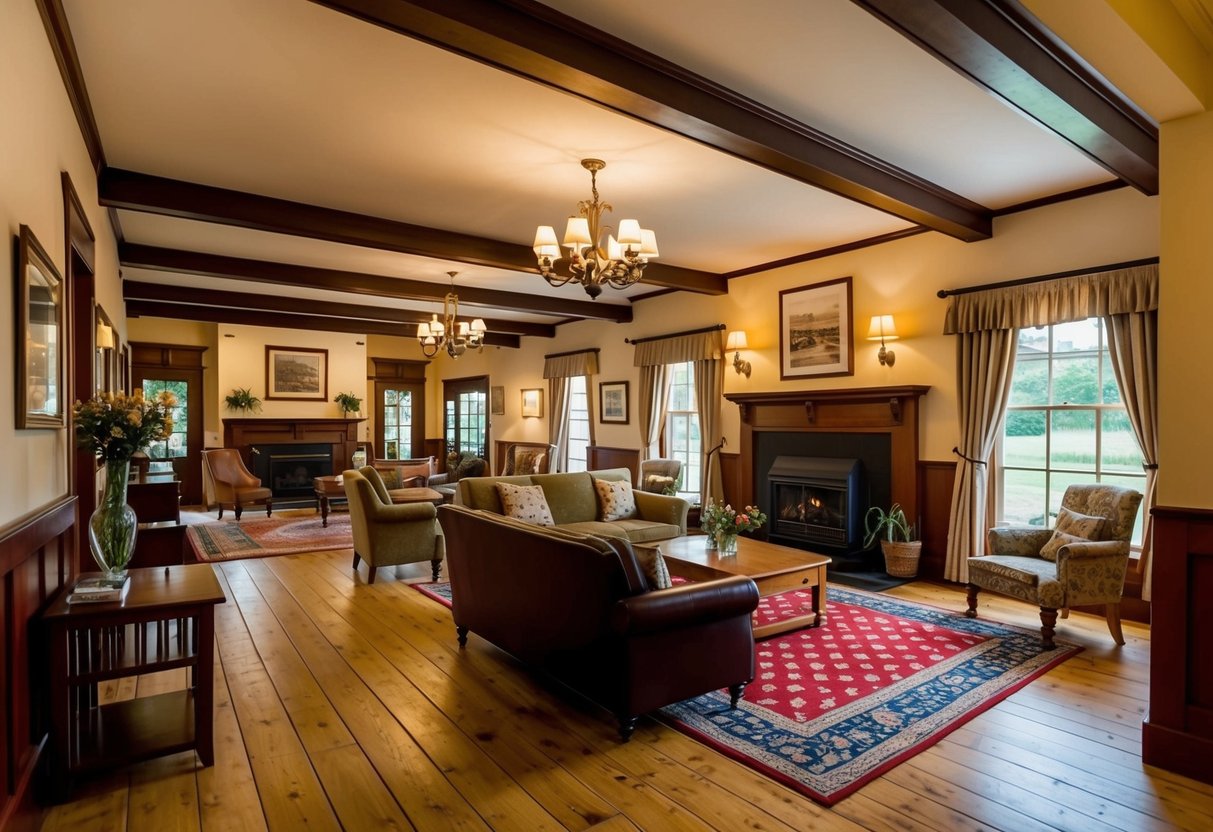 A quaint country inn with cozy rooms and a bustling lobby
