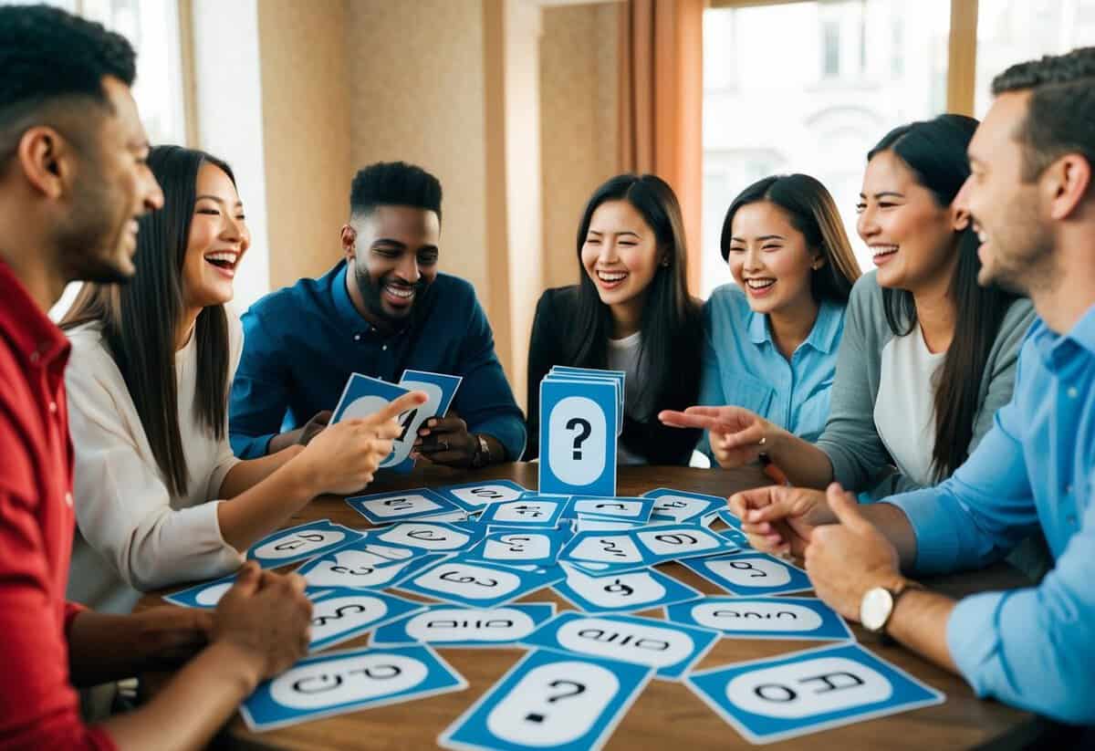 A table with various question cards spread out, surrounded by friends laughing and discussing
