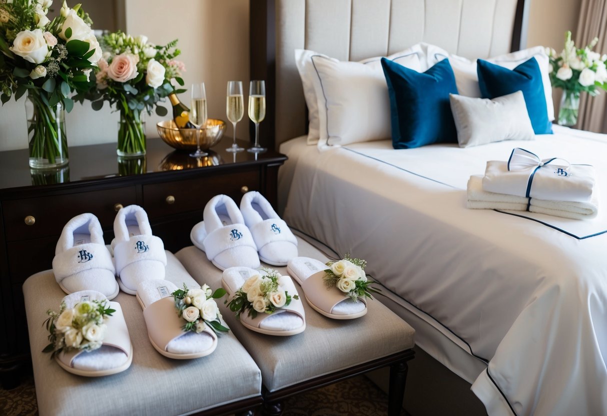 A cozy, well-decorated bedroom with matching robes and slippers laid out for the bridal party. Bouquets of flowers and champagne chilling on the nightstands