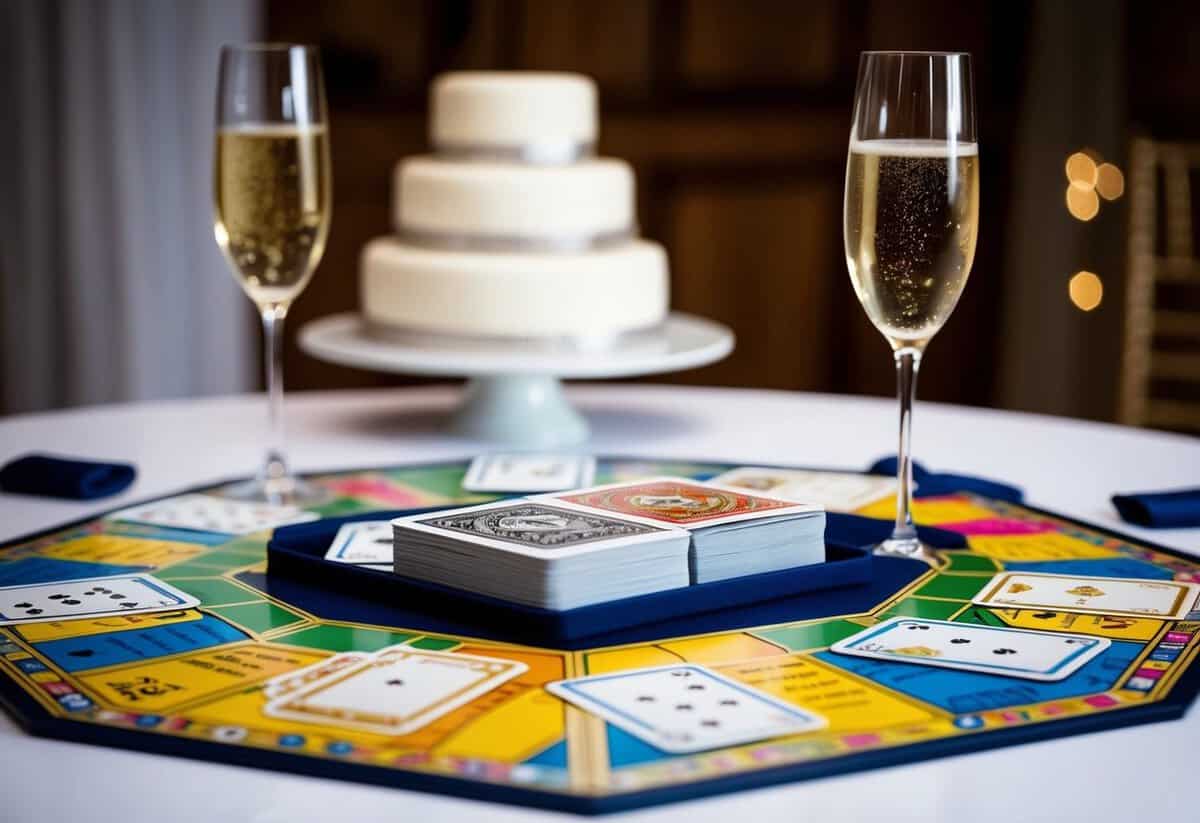 A table with a deck of cards, a colorful game board, and question cards scattered around. Two champagne flutes and a wedding cake in the background