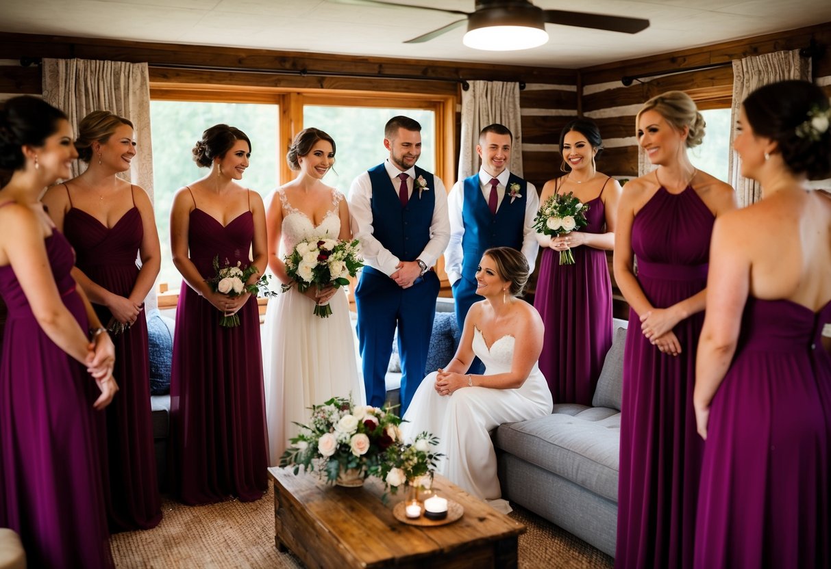 A group of bridesmaids and groomsmen gather in a cozy, rustic cabin, preparing for the wedding day ahead