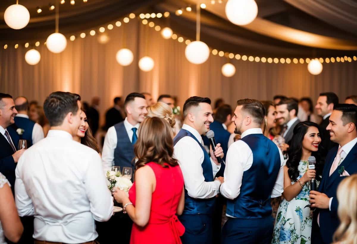 A festive wedding reception with a microphone and a crowd of guests mingling and socializing