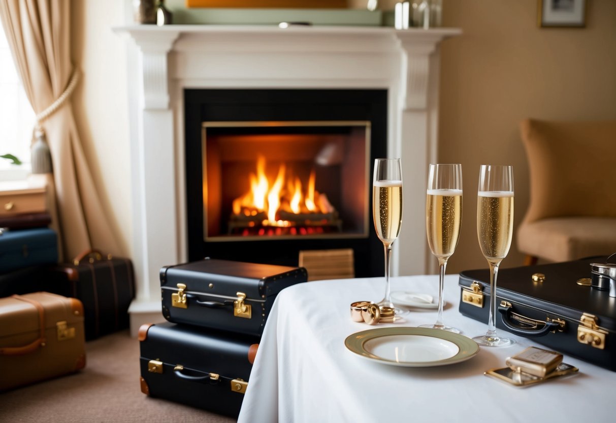 A cozy bed and breakfast with a warm fireplace, scattered luggage, and champagne glasses on a table