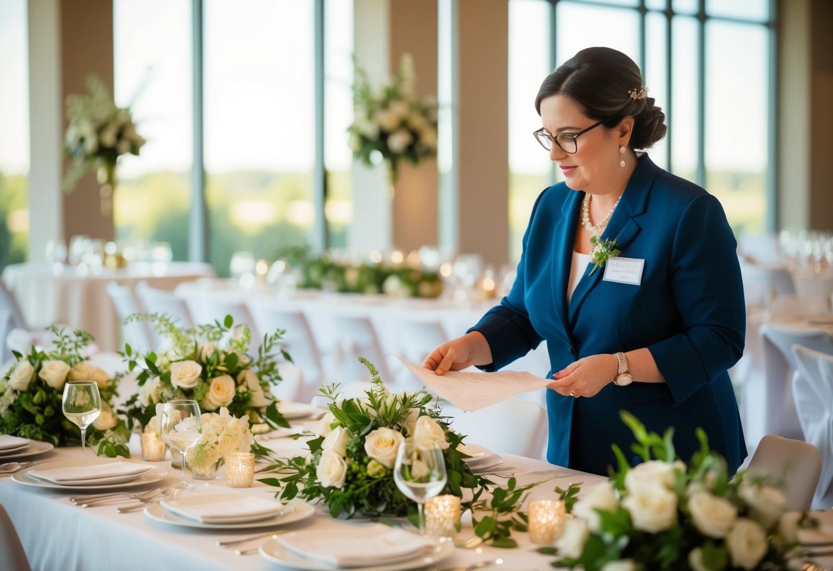 A wedding coordinator organizing seating charts, floral arrangements, and catering for various wedding types