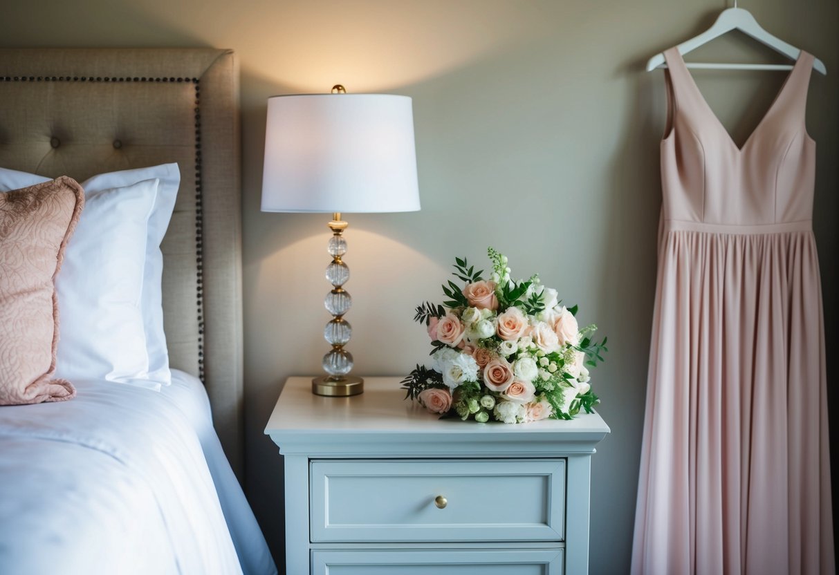 A cozy, well-decorated bedroom with neatly arranged bridesmaid dresses and a bouquet of flowers on the nightstand